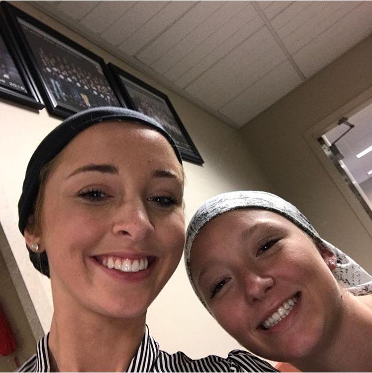 Two girls take a selfie together with their caps.
