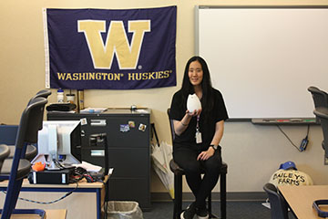 Ms. Lee in her new room, 350. She loves it.