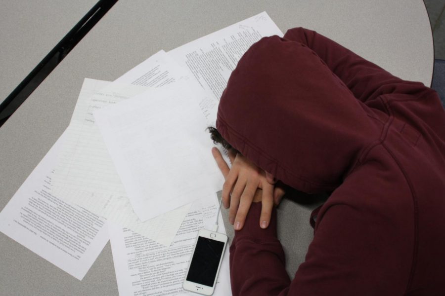 A student catches up on sleep during lunch while trying to finish some homework.