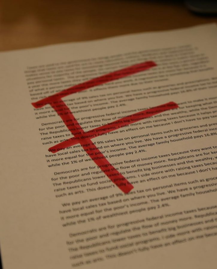 A paper with an F on it.