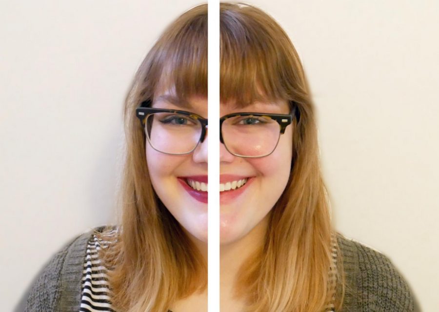 Alexandra Kube with makeup (left) and without (right).