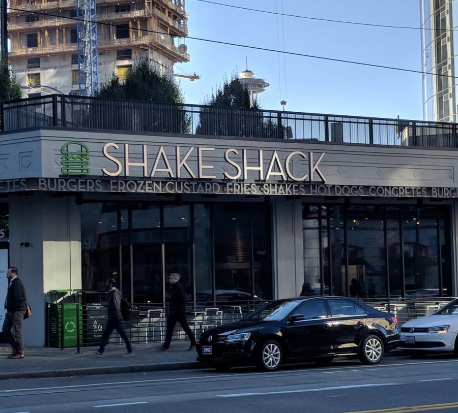 The new Shake Shack storefront with a view of the Space Needle.