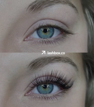 The before and after looks of an eyelash extension.
Credit: lashbox.co