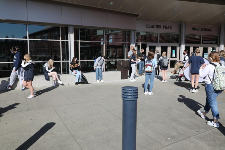 Mr. Peters speaks to a group of students during the filming of the welcome back video