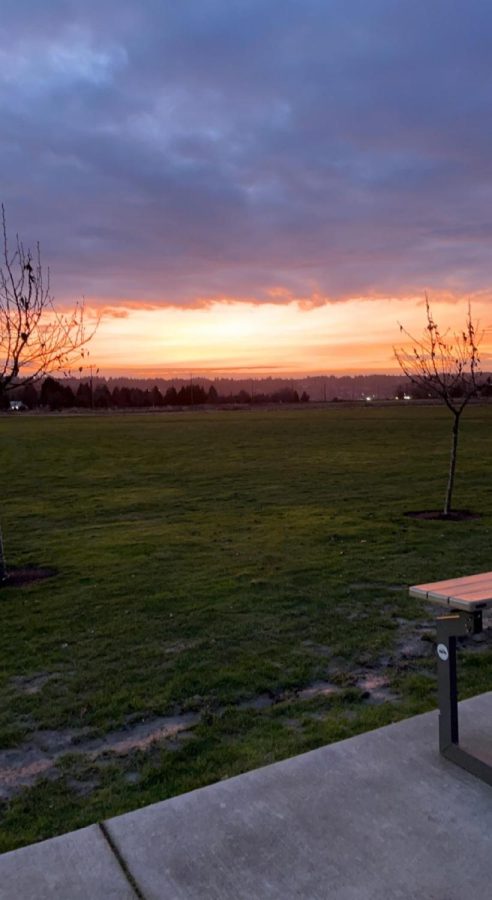 An evening sunset over the outdoor tees at SVGC